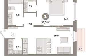 1-к квартира, вторичка, 52м2, 7/16 этаж