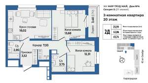 2-к квартира, вторичка, 64м2, 20/27 этаж
