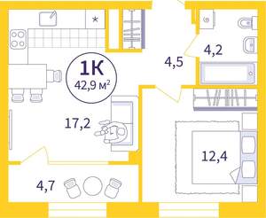 1-к квартира, вторичка, 41м2, 4/25 этаж