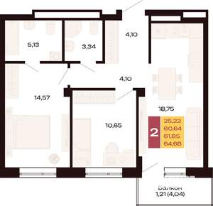 2-к квартира, вторичка, 65м2, 3/9 этаж