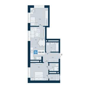 3-к квартира, строящийся дом, 59м2, 25/29 этаж