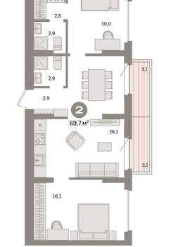 2-к квартира, вторичка, 70м2, 9/9 этаж