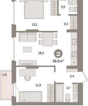 2-к квартира, вторичка, 59м2, 6/9 этаж