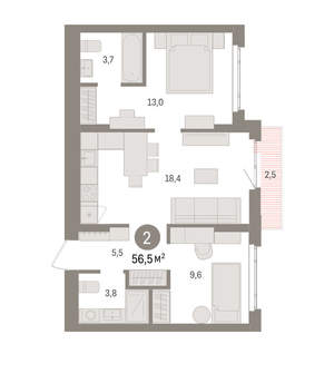 2-к квартира, вторичка, 57м2, 2/16 этаж