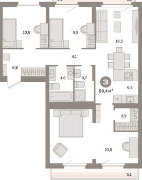 3-к квартира, вторичка, 99м2, 8/16 этаж