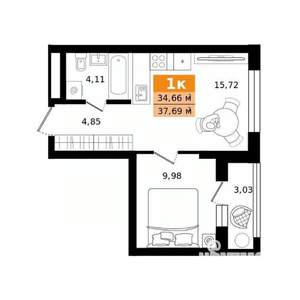 1-к квартира, строящийся дом, 38м2, 2/27 этаж