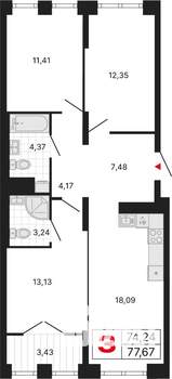 3-к квартира, вторичка, 78м2, 12/25 этаж