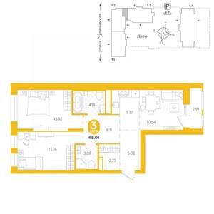 3-к квартира, строящийся дом, 68м2, 18/25 этаж