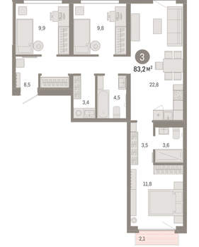3-к квартира, вторичка, 83м2, 6/9 этаж