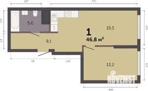1-к квартира, строящийся дом, 47м2, 7/32 этаж