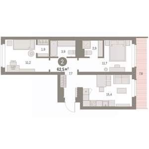 2-к квартира, вторичка, 62м2, 8/9 этаж