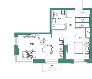 2-к квартира, вторичка, 45м2, 3/20 этаж
