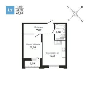 1-к квартира, строящийся дом, 44м2, 16/25 этаж