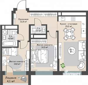 2-к квартира, строящийся дом, 68м2, 24/29 этаж