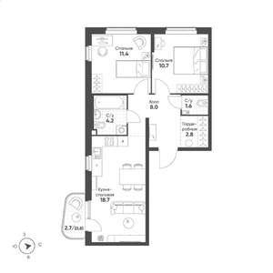 2-к квартира, строящийся дом, 58м2, 9/15 этаж