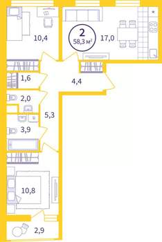 2-к квартира, вторичка, 57м2, 6/8 этаж