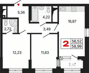 2-к квартира, вторичка, 59м2, 10/25 этаж