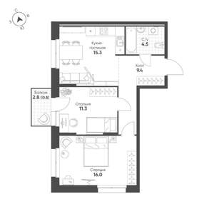 2-к квартира, вторичка, 57м2, 8/16 этаж