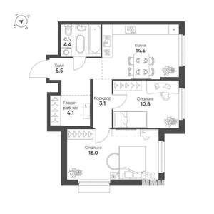 2-к квартира, строящийся дом, 58м2, 13/25 этаж