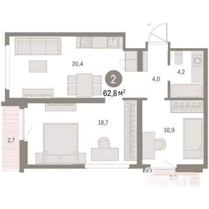 2-к квартира, вторичка, 63м2, 6/9 этаж