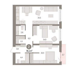 2-к квартира, вторичка, 76м2, 4/16 этаж