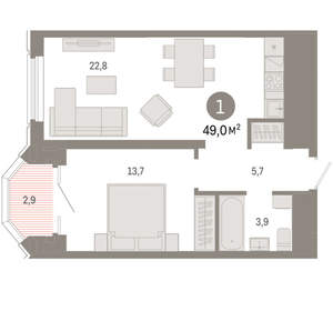 1-к квартира, вторичка, 49м2, 16/24 этаж