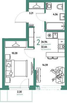 2-к квартира, строящийся дом, 35м2, 15/25 этаж