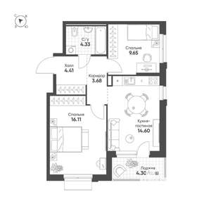 2-к квартира, строящийся дом, 55м2, 12/25 этаж