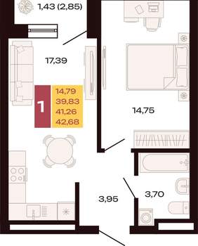 1-к квартира, вторичка, 43м2, 14/30 этаж