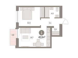 1-к квартира, вторичка, 43м2, 5/16 этаж