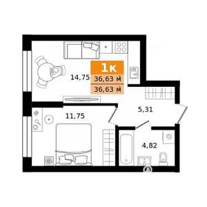 1-к квартира, строящийся дом, 37м2, 6/27 этаж