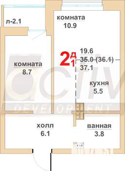 2-к квартира, вторичка, 35м2, 10/16 этаж
