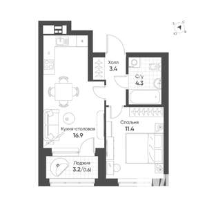 1-к квартира, строящийся дом, 38м2, 10/16 этаж