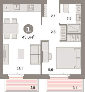 1-к квартира, вторичка, 44м2, 2/9 этаж