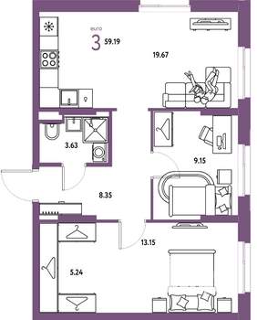 3-к квартира, строящийся дом, 59м2, 11/24 этаж