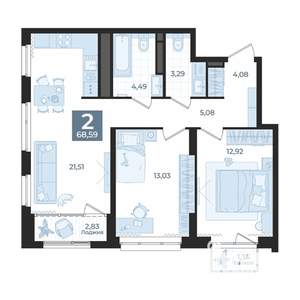 2-к квартира, вторичка, 69м2, 18/31 этаж
