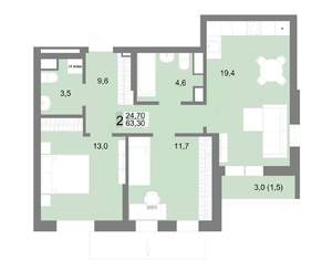 2-к квартира, вторичка, 63м2, 16/25 этаж