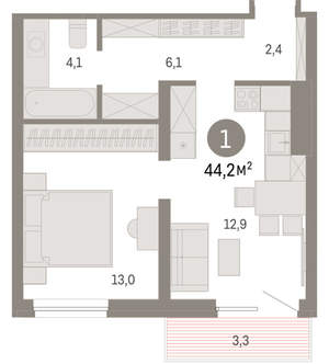 1-к квартира, вторичка, 44м2, 5/8 этаж