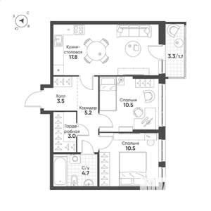 2-к квартира, строящийся дом, 57м2, 10/15 этаж