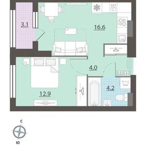 1-к квартира, вторичка, 39м2, 31/32 этаж