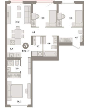 3-к квартира, вторичка, 87м2, 3/16 этаж