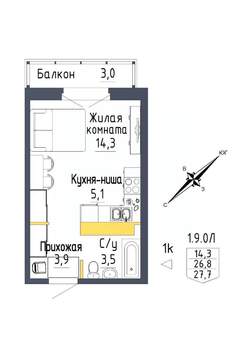 1-к квартира, строящийся дом, 28м2, 7/9 этаж