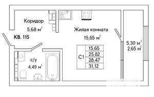 1-к квартира, строящийся дом, 31м2, 13/25 этаж