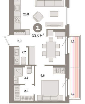 1-к квартира, вторичка, 54м2, 9/9 этаж