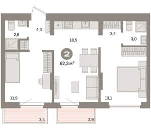 2-к квартира, вторичка, 62м2, 7/16 этаж