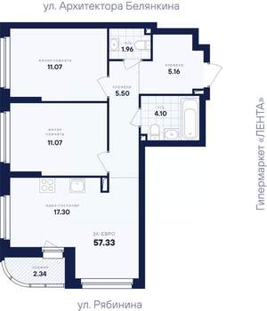 2-к квартира, вторичка, 57м2, 21/26 этаж