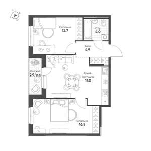 2-к квартира, строящийся дом, 59м2, 6/16 этаж