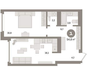 1-к квартира, вторичка, 55м2, 21/24 этаж