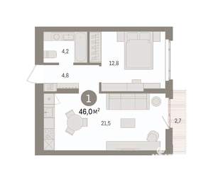 1-к квартира, вторичка, 46м2, 3/16 этаж