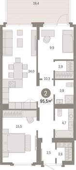 2-к квартира, вторичка, 95м2, 1/9 этаж